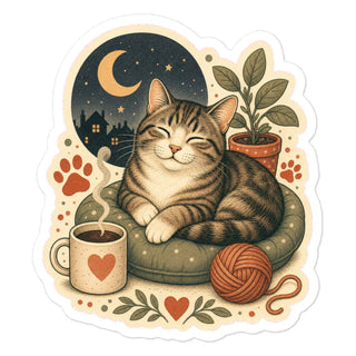 Sticker Gemütliche Katze Kaffee Garn Aufkleber Produktbild 1