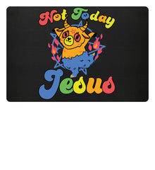 Fußmatte zeigt Baphomet mit satanischem Spruch Not Today Jesus