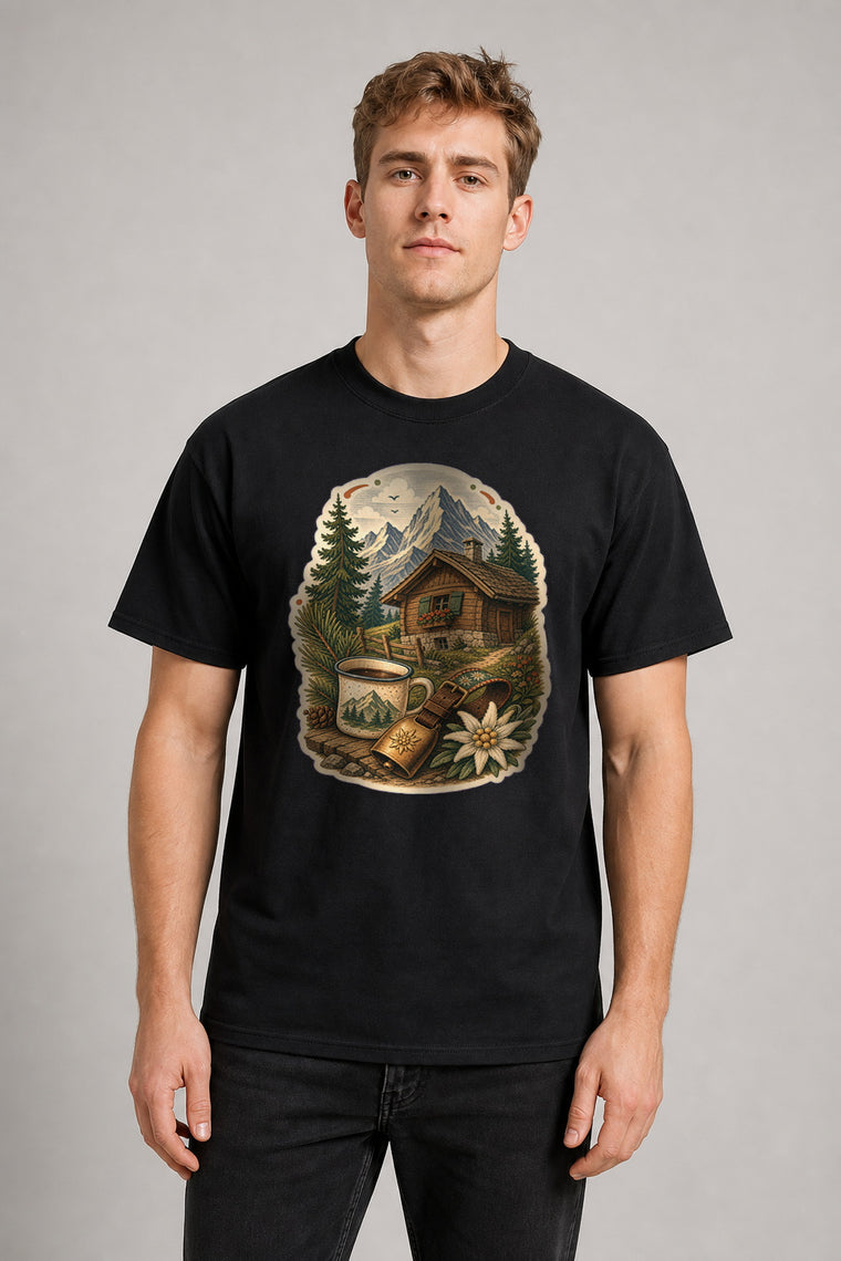 AI Model ai_male Alpenhütte Berge Tannen T-Shirt