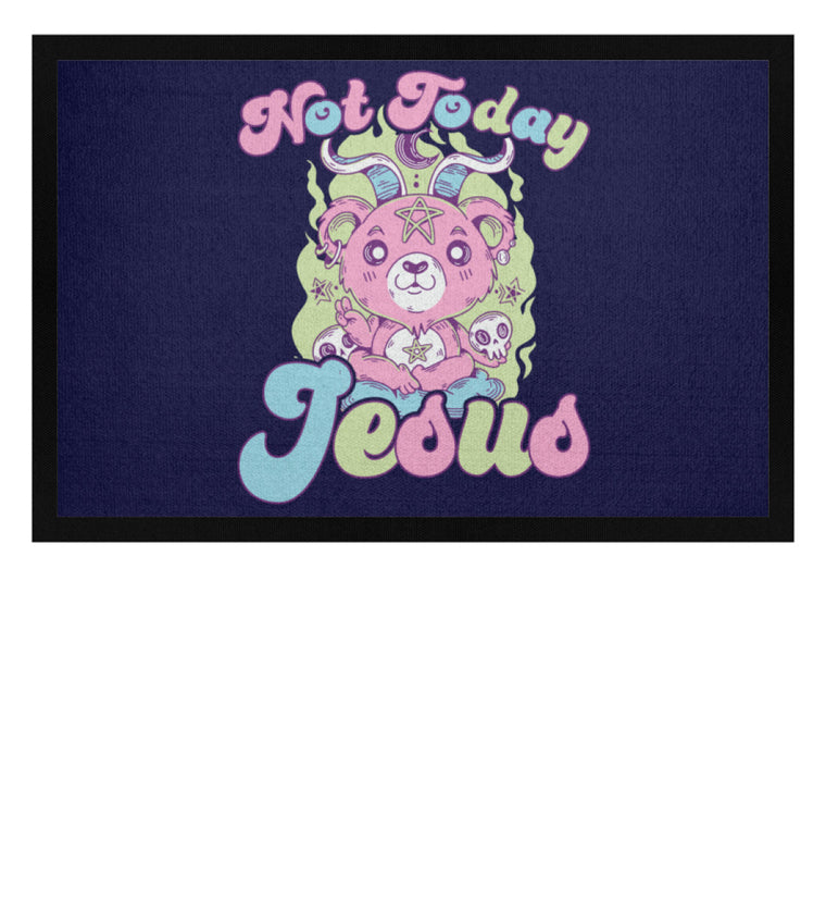 Fußmatte zeigt Baphomet mit satanischem Spruch Not Today Jesus