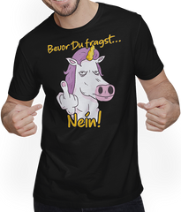 Produktbild von T-Shirt mit Mann Einhorn Bevor Du fragst NEIN Genervte Introvertierter Spruch