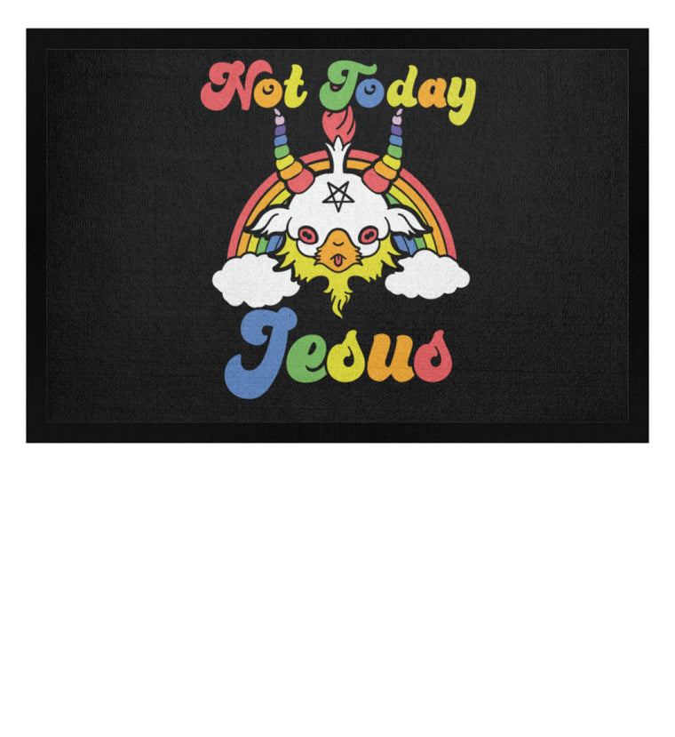 Fußmatte zeigt Baphomet mit satanischem Spruch Not Today Jesus