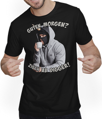 Produktbild von T-Shirt mit Mann Guten Morgen? Zisch ab Digger! Einhorn Mann Kaffee Spruch