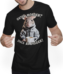 Produktbild von T-Shirt mit Mann Guten Morgen? Zisch ab Digger! Ratte Kaffee Spruch Lustig