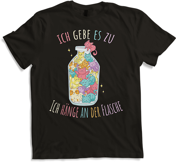 Produktbild von T-Shirt Ich hänge an der Flasche Lustige Katzen Sprüche Katzenspruch