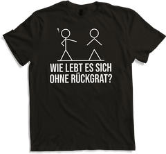 Produktbild von T-Shirt Wie lebt es sich ohne Rückgrat? Strichmännchen sarkastisches