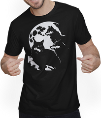Produktbild von T-Shirt mit Mann Wolf und Mond Silhouette Wölfe Spruch