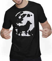 Produktbild von T-Shirt mit Mann Wolf und Mond Silhouette Wölfe Spruch