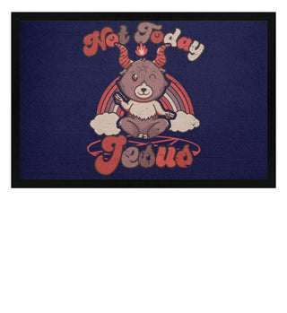 Fußmatte zeigt Baphomet mit satanischem Spruch Not Today Jesus