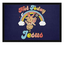 Fußmatte zeigt Baphomet mit satanischem Spruch Not Today Jesus