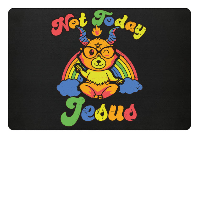 Fußmatte zeigt Baphomet mit satanischem Spruch Not Today Jesus
