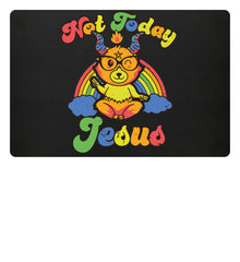 Fußmatte zeigt Baphomet mit satanischem Spruch Not Today Jesus