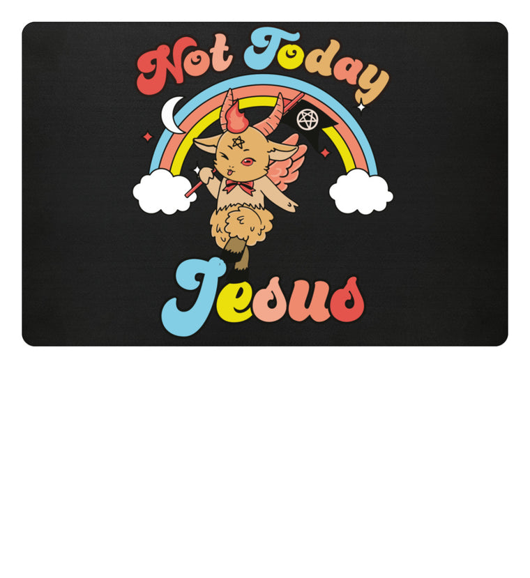 Fußmatte zeigt Baphomet mit satanischem Spruch Not Today Jesus