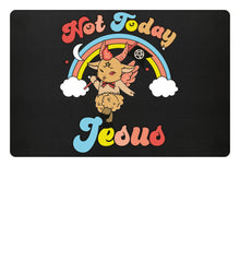 Fußmatte zeigt Baphomet mit satanischem Spruch Not Today Jesus
