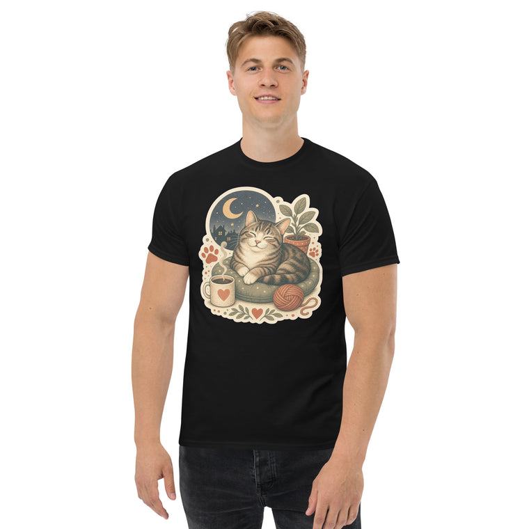 Gildan5000 Gemütliche Katze Kaffee Garn T-Shirt Schwarz Men's 2 Front