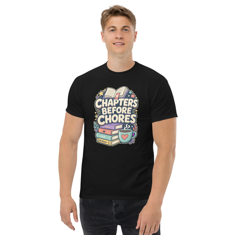 Gildan5000 CHAPTERS BEFORE CHORES Lesen Vor Haushalt T-Shirt Schwarz Men's 2 Front