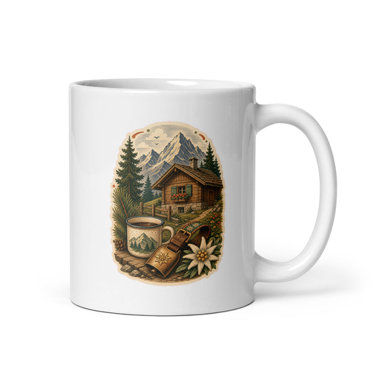 Alpenhütte Berge Tannen Kaffeetasse Weiß Handle Right Produktbild 1