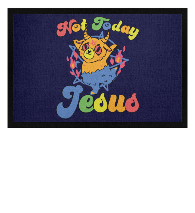 Fußmatte zeigt Baphomet mit satanischem Spruch Not Today Jesus