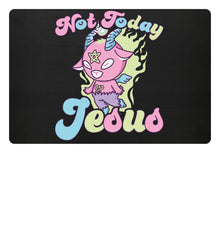 Fußmatte zeigt Baphomet mit satanischem Spruch Not Today Jesus