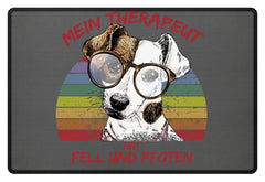 Zeigt susser foxterrier cooler spruch mein therapeut hat fell und pfoten retro fussmatte in Farbe Mausgrau