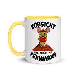 Vorsicht hier kommt die Rennmaus | Zweifarbige Tasse