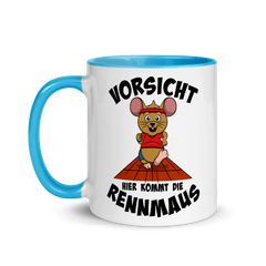 Vorsicht hier kommt die Rennmaus | Zweifarbige Tasse