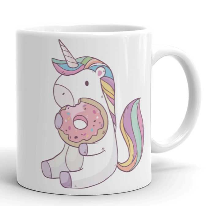 Tasse mit Einhorn das einen Donut isst