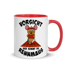 Vorsicht hier kommt die Rennmaus | Zweifarbige Tasse