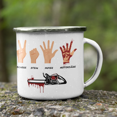 Schere Stein Papier Motorsäge | Panorama Emaille-Tasse