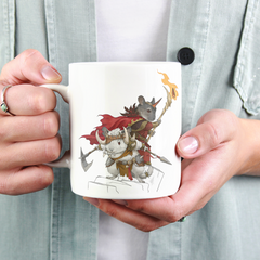 Zeigt Frauenhändie die eine Tasse mit dem Motiv "Barbarische Chinchilla Brüder" hält