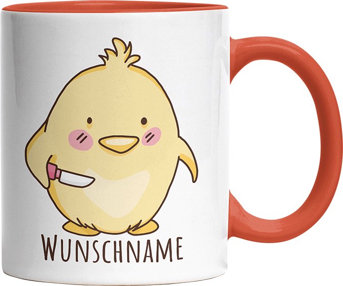 Kücken mit Messer Personalisierbar Name Witzige Orange Tasse kaufen Geschenk