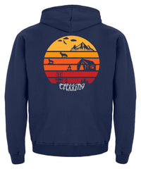 Zeigt wandern trekking vintage sonne mit zelt und lagerfeuer kinder hoodie in Farbe Jet Schwarz