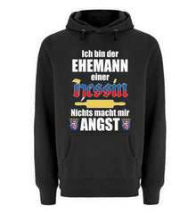 Lustiger Spruch Ehemann Hessin | Unisex Premium Kapuzenpullover in Black in Größe S
