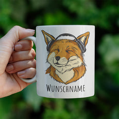 Fuchs mit Kopfhörern Personalisierbar Name Lustige Kaffeetassee online kaufen Geschenkidee