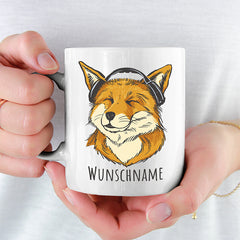 Fuchs mit Kopfhörern Personalisierbar Name Lustige Kaffeetassee online kaufen Geschenkidee