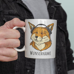 Fuchs mit Kopfhörern Personalisierbar Name Lustige Kaffeetassee online kaufen Geschenkidee