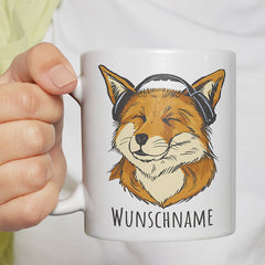 Fuchs mit Kopfhörern Personalisierbar Name Lustige Kaffeetassee online kaufen Geschenkidee
