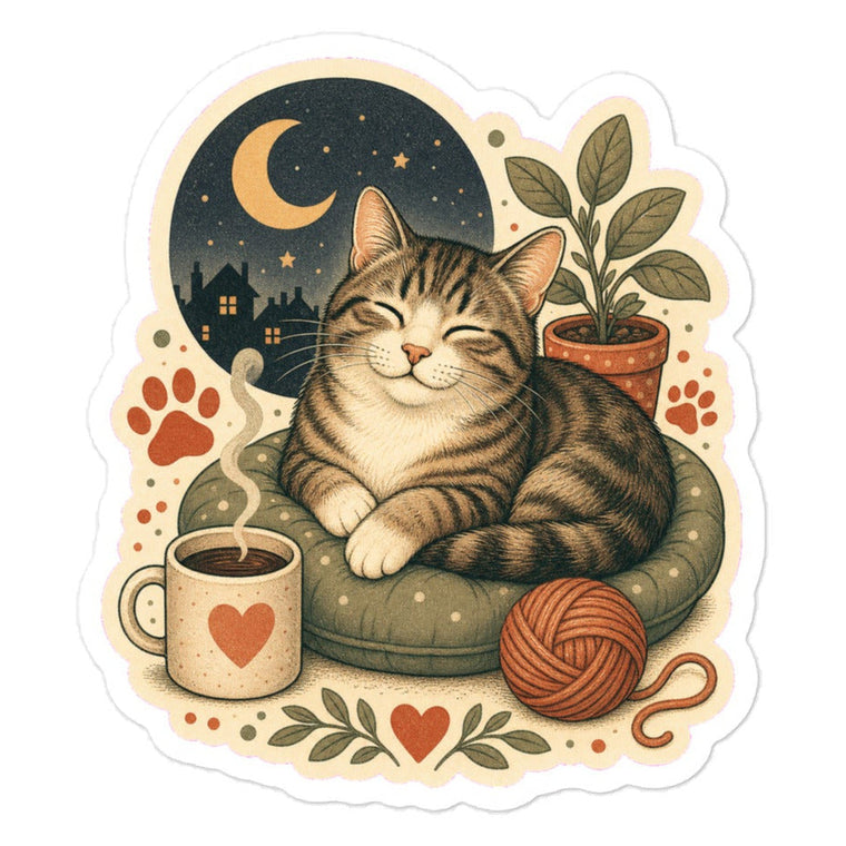 Sticker Gemütliche Katze Kaffee Garn Aufkleber Produktbild 1