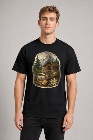 AI Model ai_male Alpenhütte Berge Tannen T-Shirt