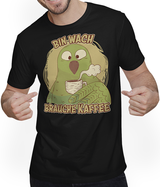 Produktbild von T-Shirt mit Mann Bin wach brauche Kaffee Sprüche Vögel Wellensittich Sprüche