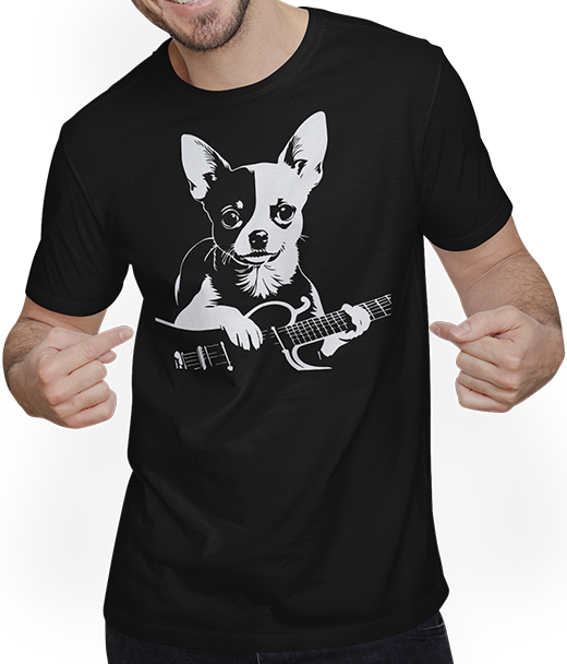 Produktbild von T-Shirt mit Mann Chihuahua mit E-Gitarre Musiker Lustiger Gitarrist