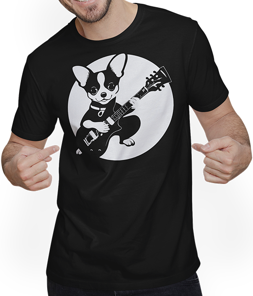 Produktbild von T-Shirt mit Mann Chihuahua mit E-Gitarre Musiker Lustiger Gitarrist