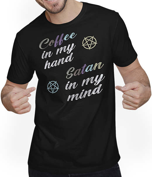 Produktbild von T-Shirt mit Mann Coffee in hand Satan in mind | Luzifer Teufel Antichrist