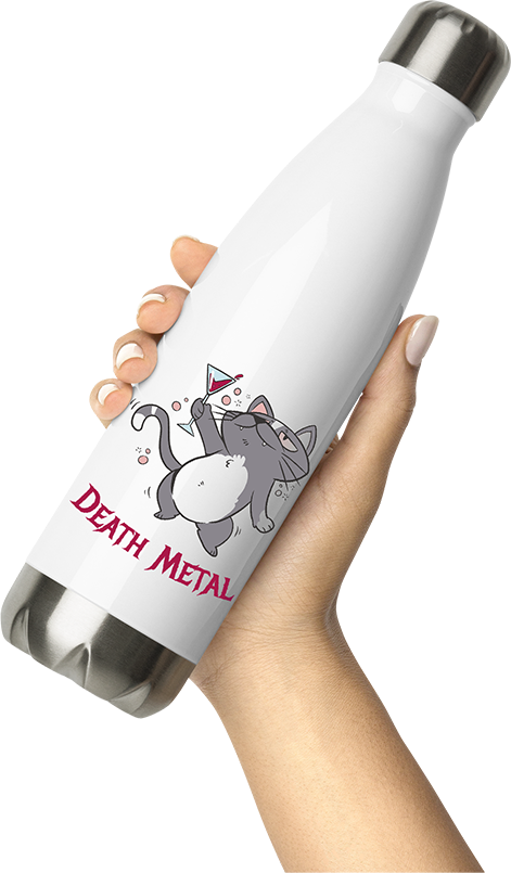 Produktbild von Thermosflasche von Hand gehalten Death Metal Spruch Betrunkene Katze Metalhead Heavy Metal