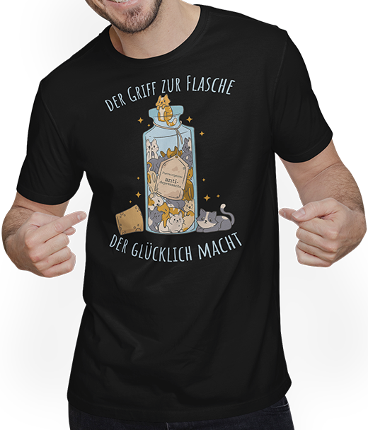 Produktbild von T-Shirt mit Mann Der Griff zu Flasche Katzenspruch Lustige Katzen Sprüche