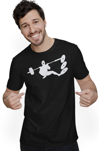 Zeigt Produktbild mit T-Shirt auf dem einem Mann ein Unglück beim Kreuzheben passiert