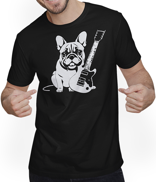 Produktbild von T-Shirt mit Mann Französische Bulldogge mit E-Gitarre Musiker Gitarrist