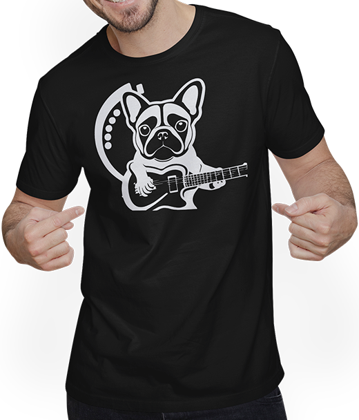 Produktbild von T-Shirt mit Mann Französische Bulldogge mit E-Gitarre Musiker Gitarrist