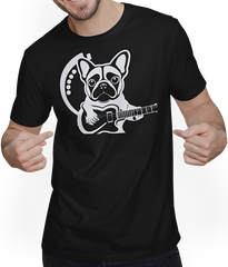 Produktbild von T-Shirt mit Mann Französische Bulldogge mit E-Gitarre Musiker Gitarrist