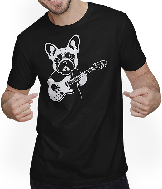 Produktbild von T-Shirt mit Mann Französische Bulldogge mit E-Gitarre Musiker Gitarrist